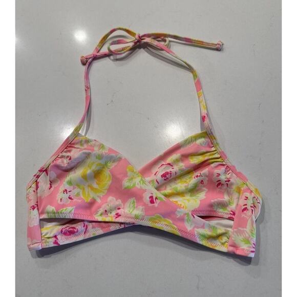 PINK Victoria’s Secret Floral Bikini Top Women’s Size Small Halter Neon Cut Out - Picture 1 of 7